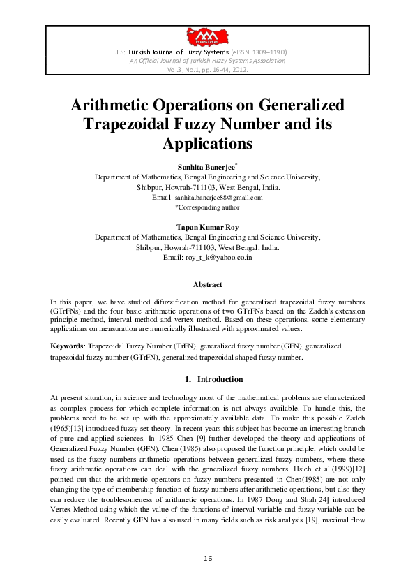 (PDF) Arithmetic Operations on Generalized Trapezoidal Fuzzy Number and ...