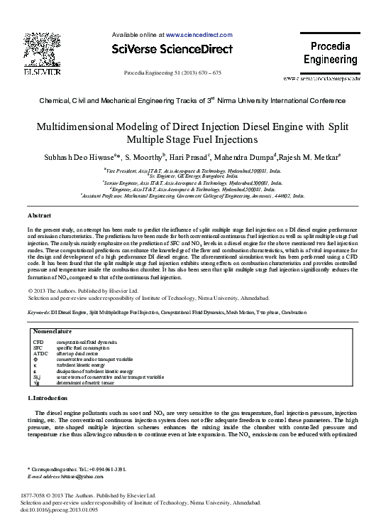 (PDF) Multidimensional Modeling of Direct Injection Diesel Engine with ...