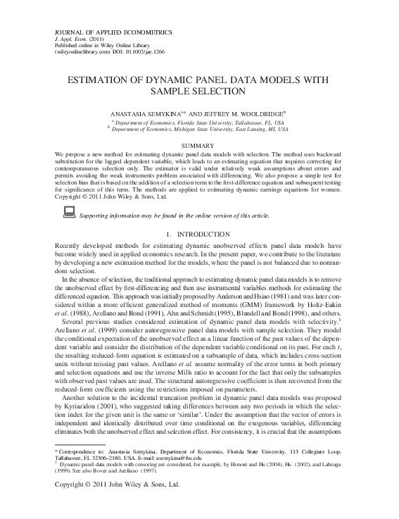 (PDF) Estimation of dynamic panel data models with sample selection