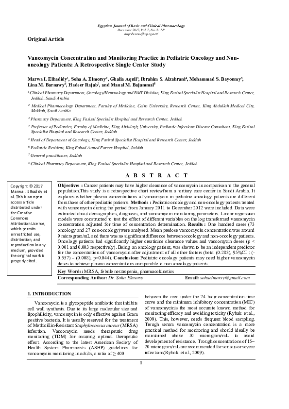 (PDF) Vancomycin Concentration and Monitoring Practice in Pediatric ...
