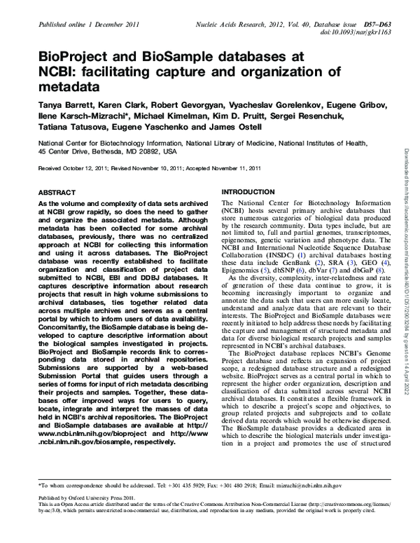 (PDF) BioProject and BioSample databases at NCBI: facilitating capture ...