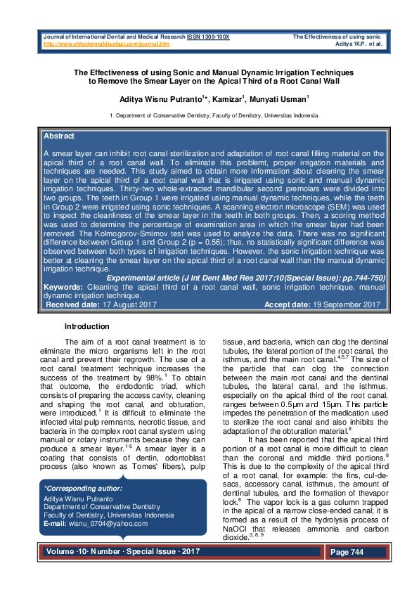 (PDF) The Effectiveness of using Sonic and Manual Dynamic Irrigation Techniques to Remove the