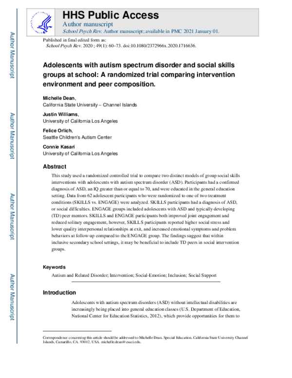 (PDF) Adolescents With Autism Spectrum Disorder and Social Skills ...