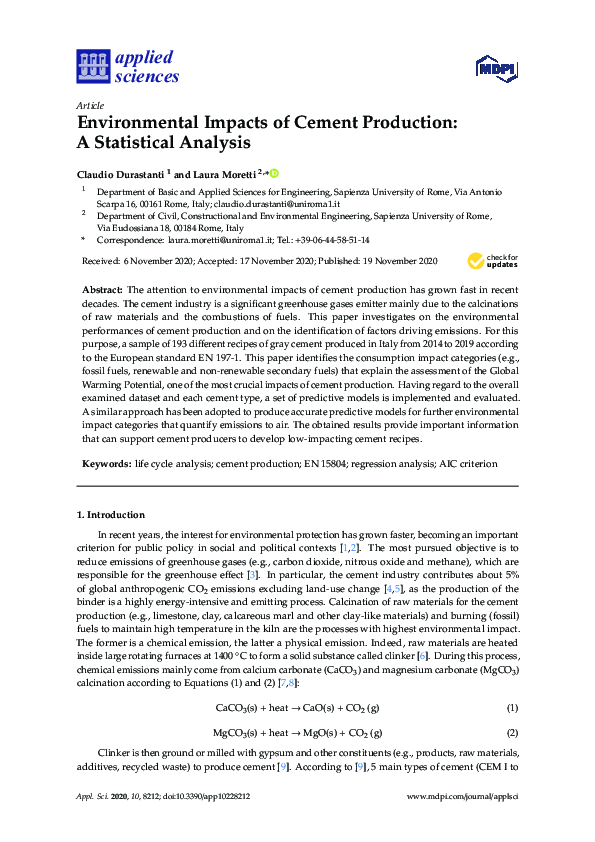 (PDF) Environmental Impacts of Cement Production: A Statistical Analysis