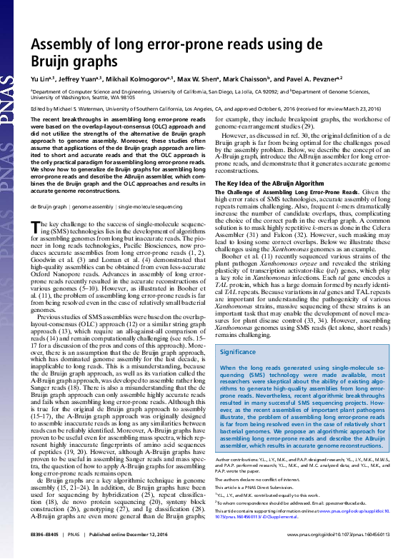(PDF) Assembly of Long Error-Prone Reads Using de Bruijn Graphs | Max ...
