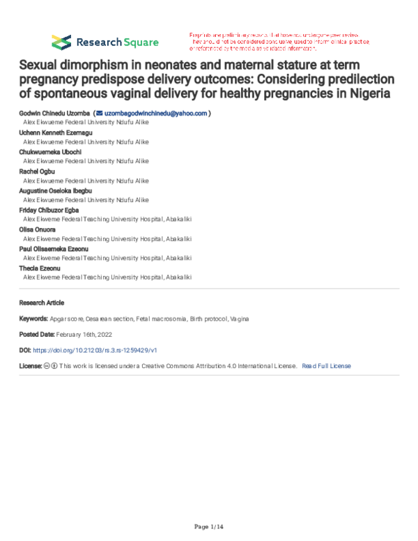 (PDF) Sexual dimorphism in neonates and maternal stature at term ...