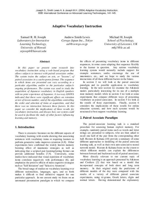 (PDF) Adaptive vocabulary instruction