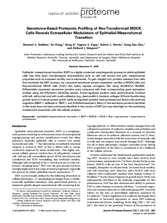 (PDF) Secretome-Based Proteomic Profiling of Ras-Transformed MDCK Cells ...
