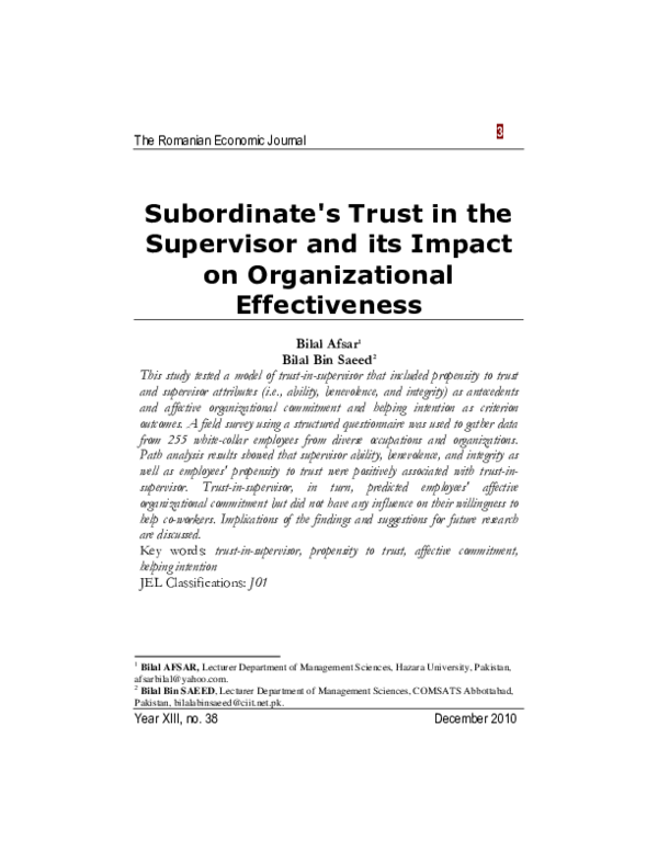 (PDF) Subordinate's Trust in the Supervisor and its Impact on ...