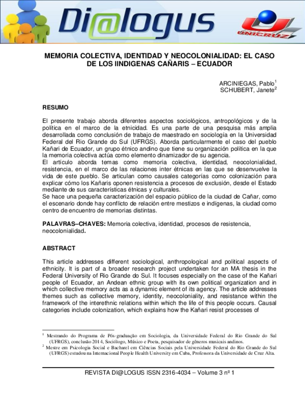 Memoria Colectiva, Identidad y Neocolonialidad: El Caso De Los Iindigenas Cañaris – Ecuador
