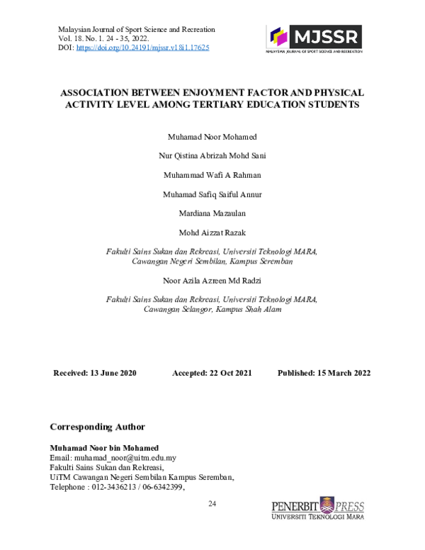 (PDF) Association Between Enjoyment Factor and Physical Activity Level ...