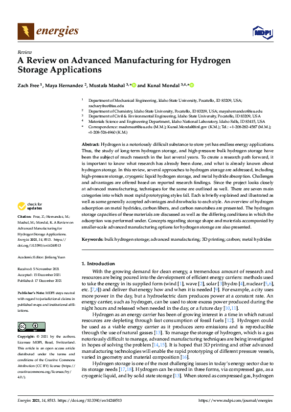 (PDF) A Review on Advanced Manufacturing for Hydrogen Storage Applications