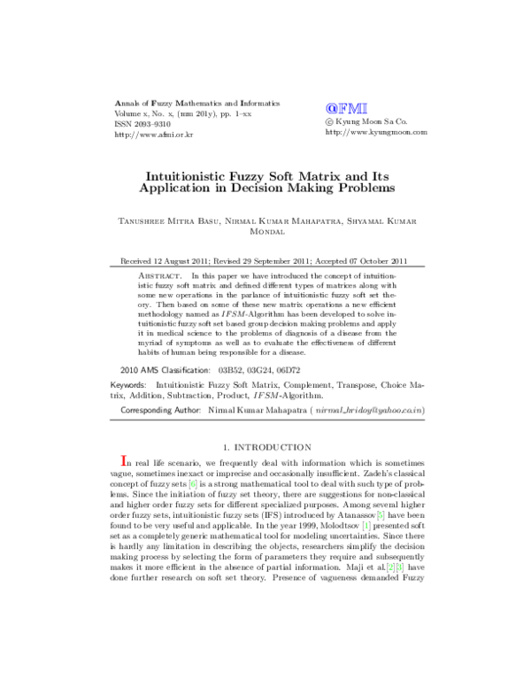 (PDF) Intuitionistic Fuzzy Soft Matrix and Its Application in Decision ...