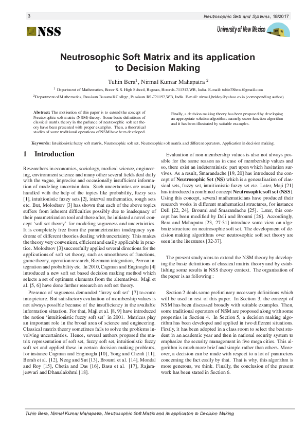 (PDF) Neutrosophic Soft Matrix and its application to Decision Making