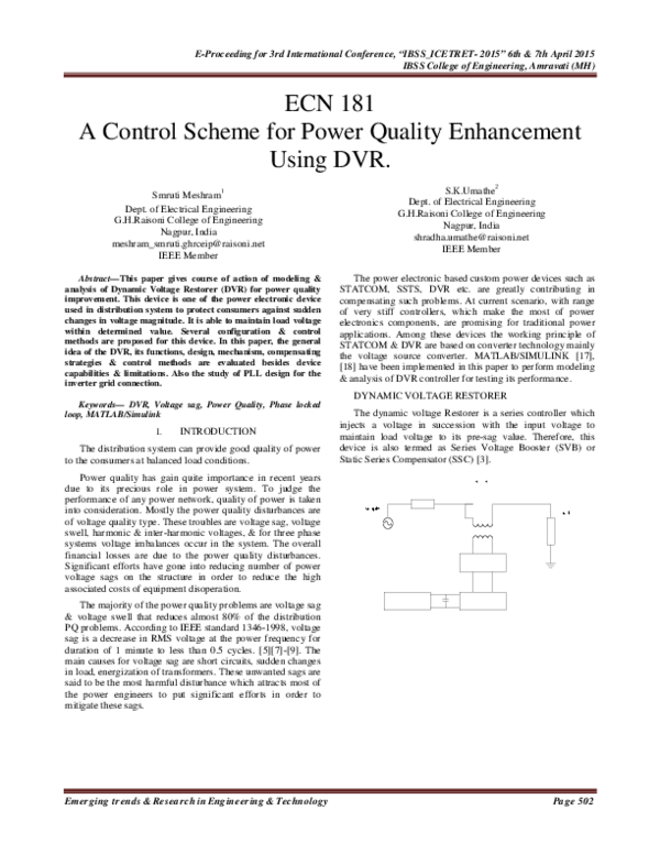 (PDF) A Control Scheme for Power Quality Enhancement Using DVR