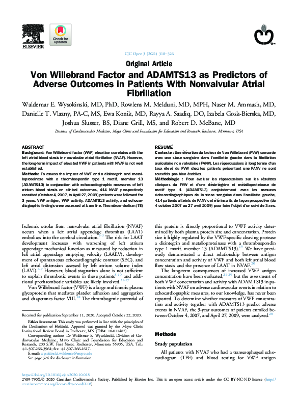 (PDF) Von Willebrand Factor and ADAMTS13 as Predictors of Adverse ...