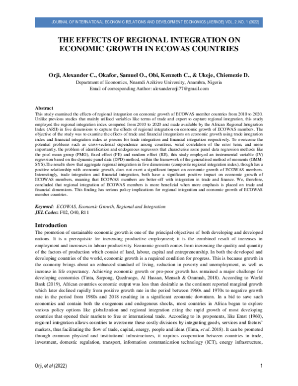 (PDF) THE EFFECTS OF REGIONAL INTEGRATION ON ECONOMIC GROWTH IN ECOWAS ...