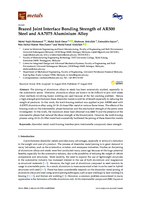 (PDF) Brazed Joint Interface Bonding Strength of AR500 Steel and AA7075