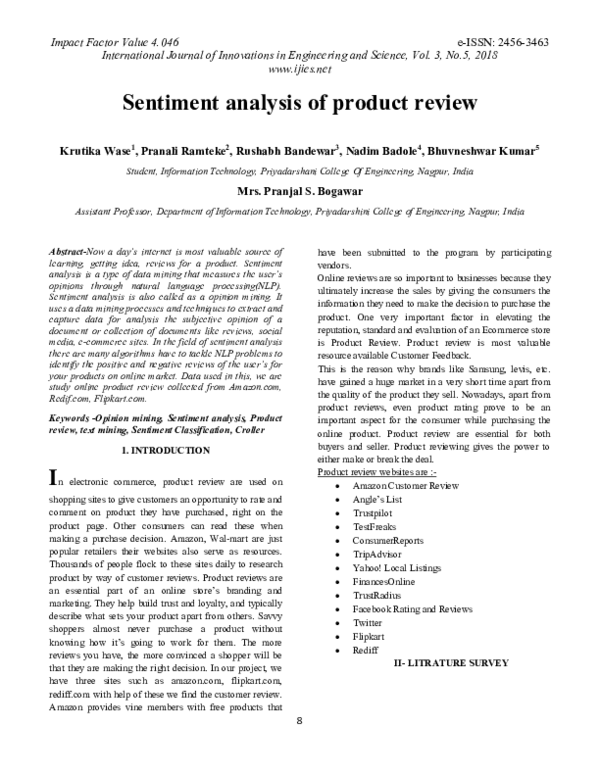 (PDF) Sentiment analysis of product review