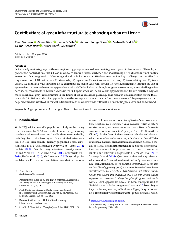 (PDF) Contributions of green infrastructure to enhancing urban resilience
