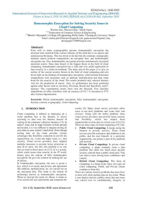 (PDF) Homomorphic Encryption for Solving Security Issues in Cloud Computing
