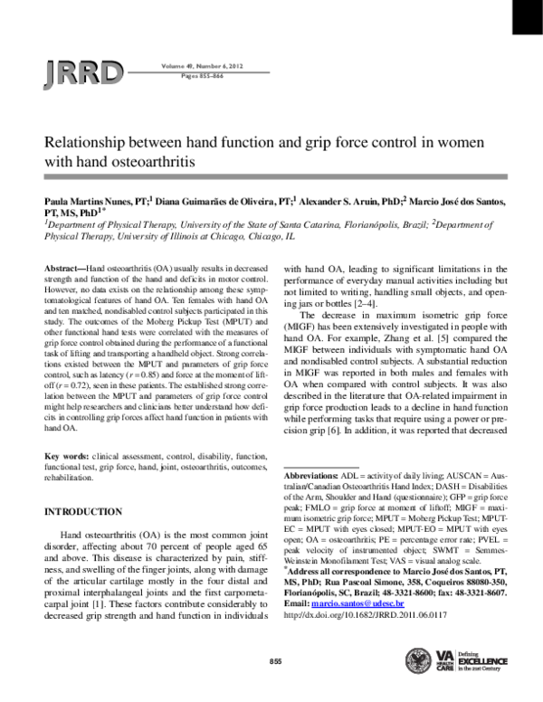 (PDF) Relationship between hand function and grip force control in ...