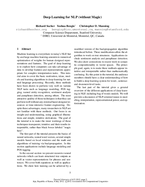 (PDF) Deep learning for NLP (without magic)
