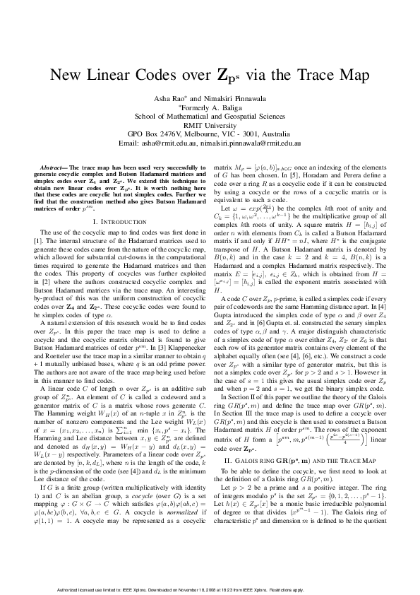 (PDF) New Linear Codes over Zps via the Trace Map