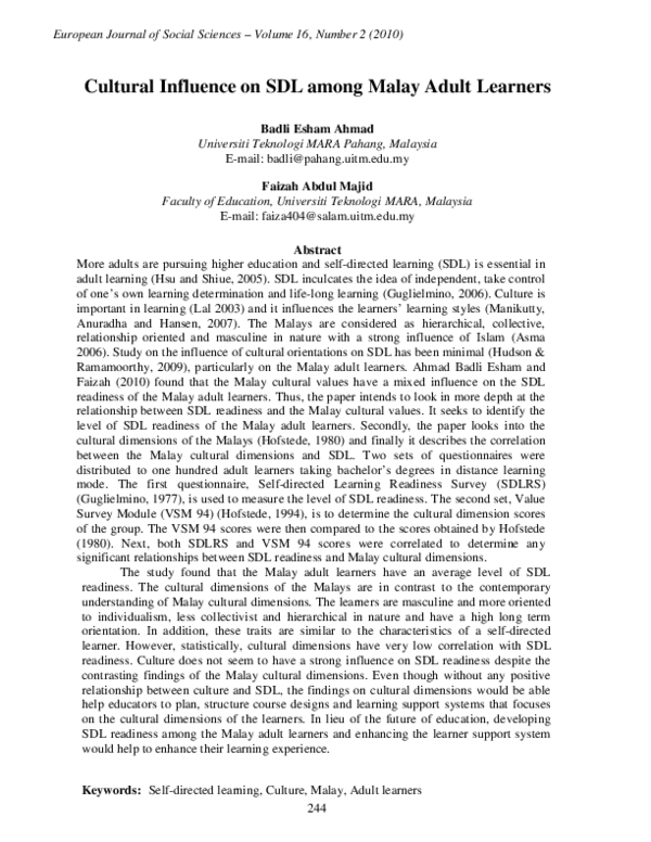 (PDF) Cultural Influence on SDL among Malay Adult Learners