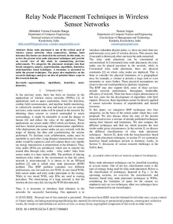 (PDF) Relay node placement techniques in wireless sensor networks