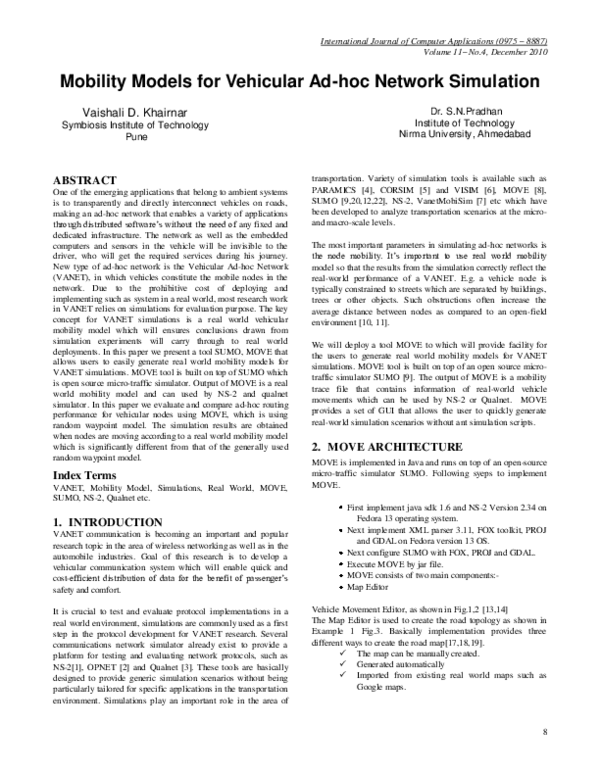 (PDF) Mobility Models for Vehicular Ad-hoc Network Simulation