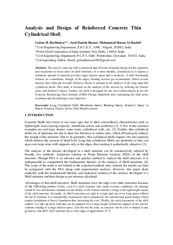 (PDF) Analysis and Design of Reinforced Concrete Thin Cylindrical Shell
