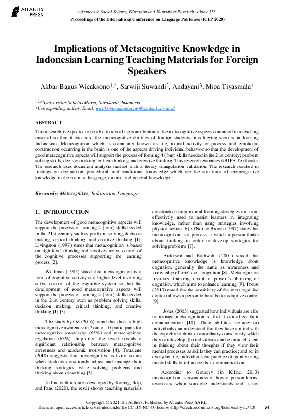(PDF) Implications of Metacognitive Knowledge in Indonesian Learning ...