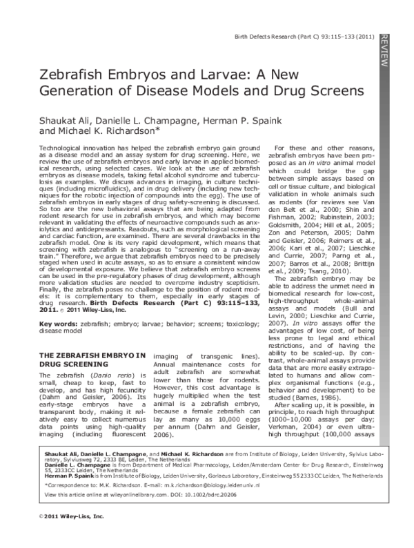 (PDF) Zebrafish embryos and larvae: A new generation of disease models ...