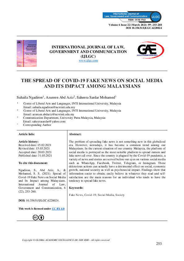 (PDF) The Spread of COVID-19 Fake News on Social Media and Its Impact ...