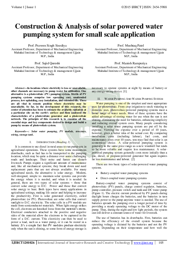 (PDF) Construction & Analysis of solar powered water pumping system for ...