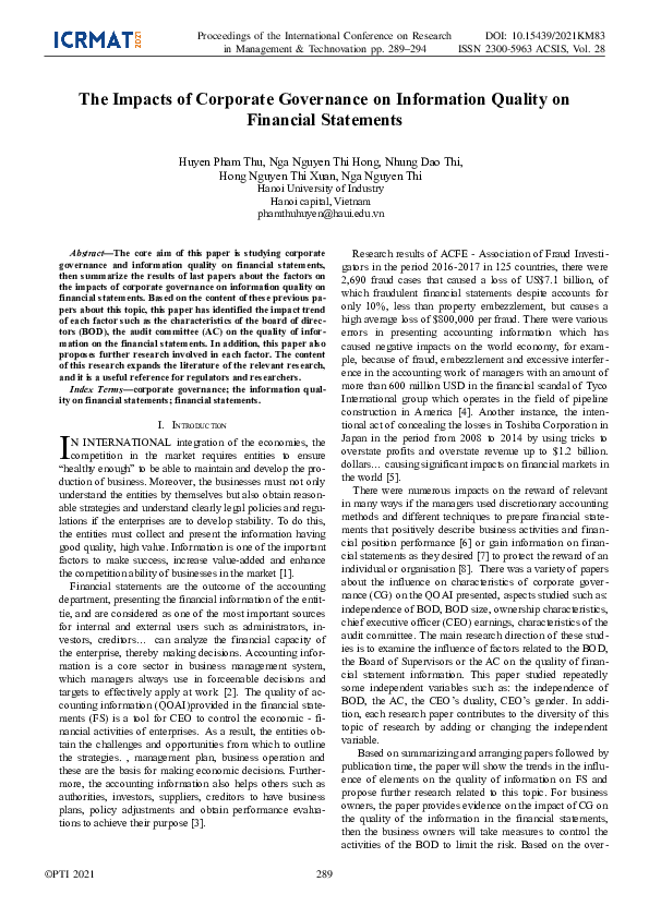 (PDF) The Impacts of Corporate Governance on Information Quality on ...
