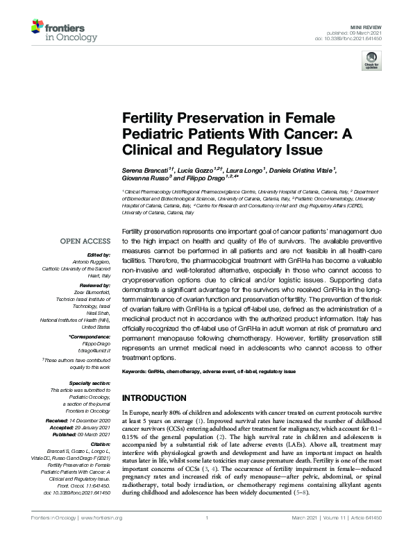 (PDF) Fertility Preservation in Female Pediatric Patients With Cancer ...