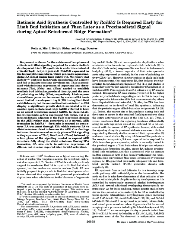 (PDF) Retinoic Acid Synthesis Controlled by Raldh2 Is Required Early ...