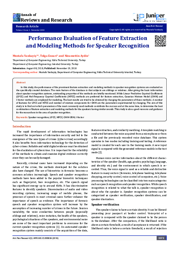(PDF) Evaluating Feature Extraction in Speaker Recognition Systems