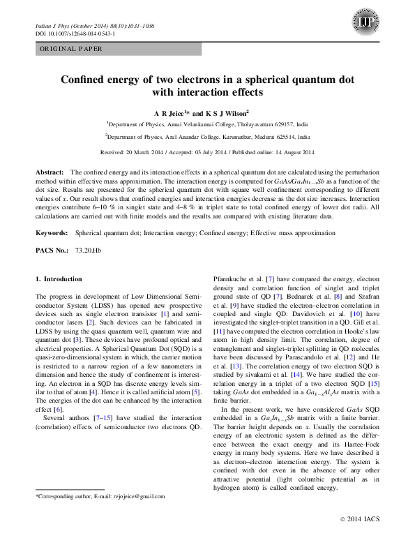 (PDF) Confined energy of two electrons in a spherical quantum dot with ...