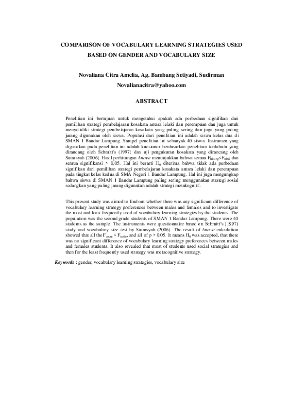 (PDF) Comparison Of Vocabulary Learning Strategies Used Based On Gender ...
