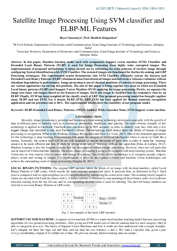 (PDF) Satellite Image Processing Using SVM classifier and ELBP-ML Features