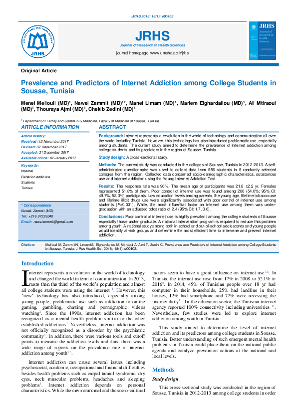 (PDF) Prevalence and Predictors of Internet Addiction among College ...