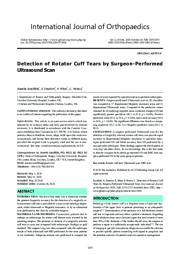 (PDF) Detection of Rotator Cuff Tears by Surgeon-Performed Ultrasound ...