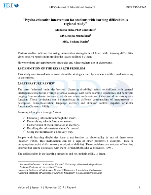 (PDF) Psycho-educative intervention for students with learning ...