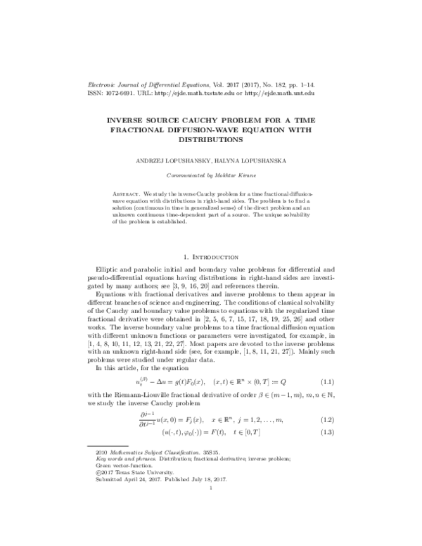 (PDF) Inverse Source Cauchy Problem for a Time Fractional Diffusion ...