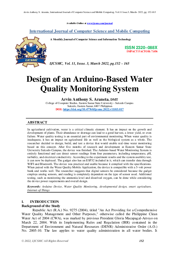 (PDF) Design of an Arduino-Based Water Quality Monitoring System
