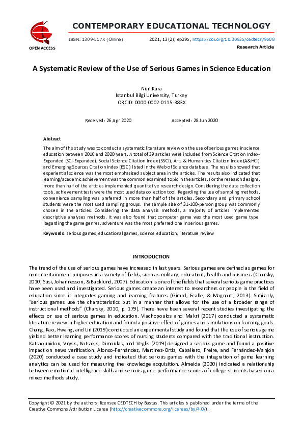 (PDF) A Systematic Review of the Use of Serious Games in Science Education