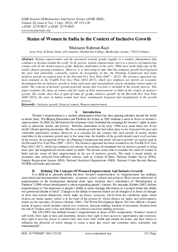 (PDF) Status of Women in India in the Context of Inclusive Growth